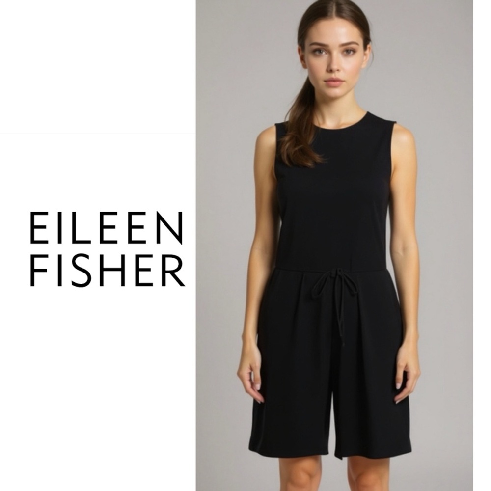Eileen Fisher Crew Neck Short Jumpsuit Romper Black Drawstring Waist Size XS